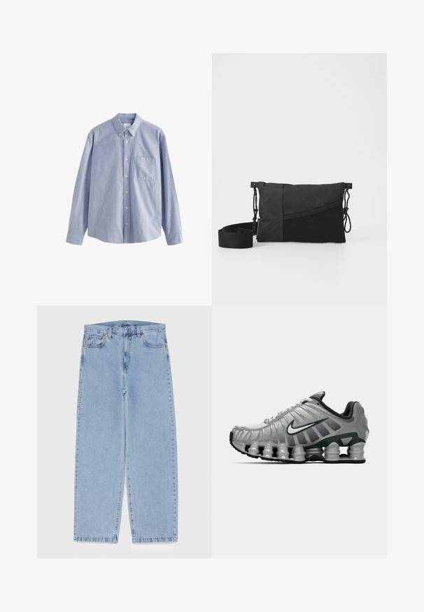 Svetlo modra dolgimi rokavi srajca iz bombaža, z ovratnikom na gumb, šestimi gumbi in prsno žepom z mehko teksturo.; Bela bombažna majica brez rokavov z okroglo izrezom, širokimi naramnicami in ravnim robom, ki se ponaša z gladko teksturo in brez vidnih vzorcev.; Svijetloplave traperice s ravnim nogavicama, srednjeg struka, pet džepova te zatvaranjem na gumb i munju.; Sive in črno Nike tekaška čevelj s vidno vzmetno blaženje pod podplatom in belim logotipom swoosh na strani.; Črna ramenska torba iz teksturirane tkanine, z diagonalno zasnovo, nastavljivim trakom in zategovalnimi zapiranji na straneh.