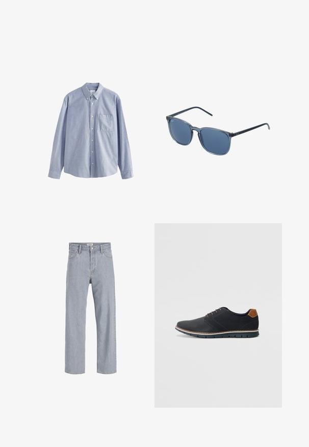 Világoskék hosszúujjú póló, amely pamutból készült, gombos gallérral, hat gombbal és egy puha tapintású mellzsebbel rendelkezik.; Világoskék farmernadrág, laza szabású, egyenes lábú kialakítással, látható varrással, két elülső zsebbel és gombos záródással.; Fekete szintetikus cipők, textúrált felsőrésszel, sima díszítésekkel, barna sarkával és kontrasztos talppal. Minimális fűzéssel és varrási részletekkel rendelkezik.; Kék, téglalap alakú napszemüveg szürke árnyalatú lencsékkel, műanyag kerettel, fémből készült kiegészítőkkel és matt felülettel a szárakon.