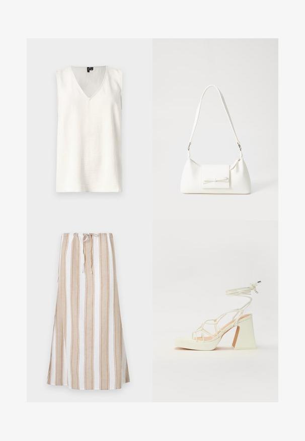 Bílý bezrukávový top s véčkovým výstřihem, texturovanou tkaninou a uvolněným střihem. Žádné vzory ani kovové prvky nejsou viditelné. Jednoduchý design s čistými liniemi.; Pruhovaná sukně v bílé a světle hnědé barvě, s tkaničkovým pasem a dlouhým, splývavým střihem. Vyrobena z lehkého materiálu s volným střihem.; Bílé sandály na vysokém podpatku s robustním podpatkem, s designem s pásky a zavazováním kolem kotníku. Hladký povrch s platformou vpředu pro zvýšení výšky.; Bílá syntetická kabelka v trojúhelníkovém tvaru, s plochým předním klopným víkem a detailem mašle, nastavitelným popruhem, hladkým povrchem a minimalistickým designem.
