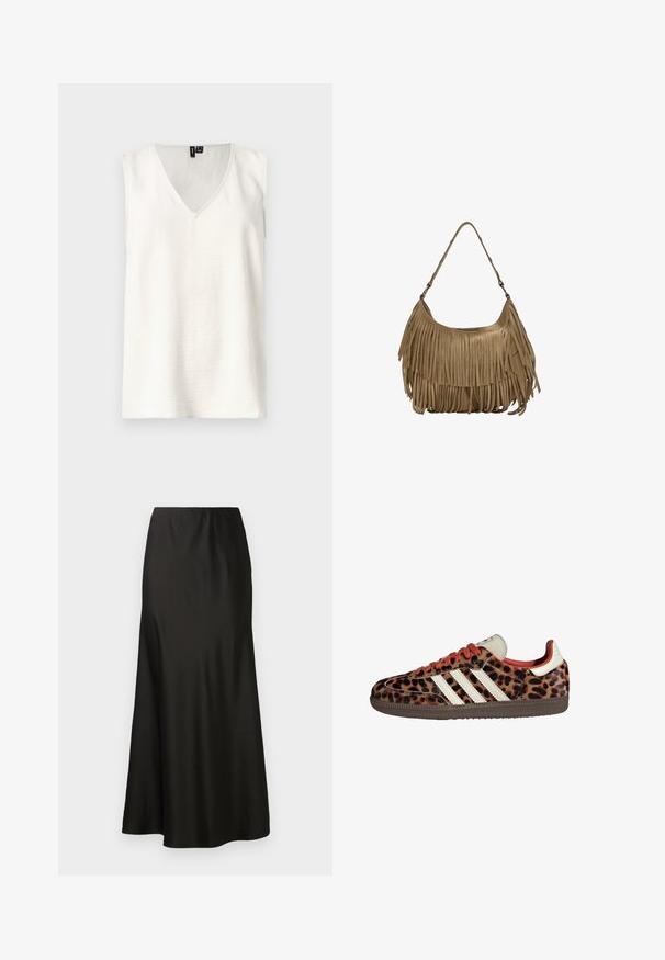 Biele bezrukávové tričko s výstrihom do V, textúrovanou tkaninou a voľným strihom. Žiadne vzory ani hardvér nie sú viditeľné. Jednoduchý dizajn s čistými líniami.; Čierna saténová maxi sukňa s hladkou textúrou, vysokým pásom a rozšíreným spodkom. Má jednoduchý dizajn bez viditeľných vzorov alebo hardvéru.; Tenisky s leopardím vzorom zo semišu, červenými šnúrkami a tromi bielymi pruhmi na bokoch. Majú krémovú jazyk a hnedú podrážku.; Hnedá zamková kabelka s dlhými strapcami, zakriveným tvarom a jedným ramenným popruhom. Má hladký, textúrovaný povrch.
