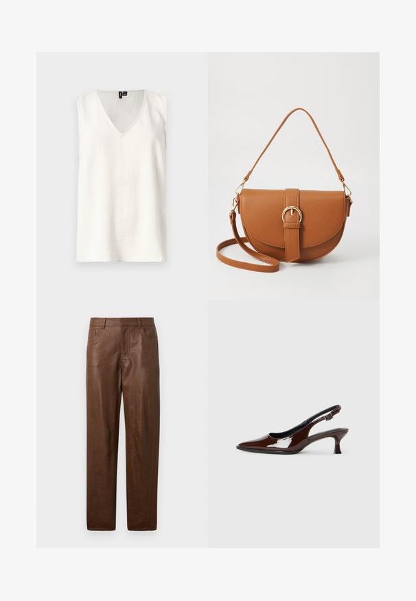 Top branco sem mangas com decote em V, tecido texturizado e corte relaxado. Sem padrões ou elementos metálicos visíveis. Design simples com linhas limpas.; Calças de couro castanho com uma textura suave, design de perna reta e dois bolsos laterais. Apresenta detalhes de costura visíveis.; Sapato slingback em pele sintética castanha com bico pontiagudo e salto moderado. Apresenta uma fivela para um ajuste seguro. Textura suave.; Bolsa transversal de couro castanho com um formato curvado, ferragens douradas e um detalhe de fivela. Inclui uma alça de ombro destacável.