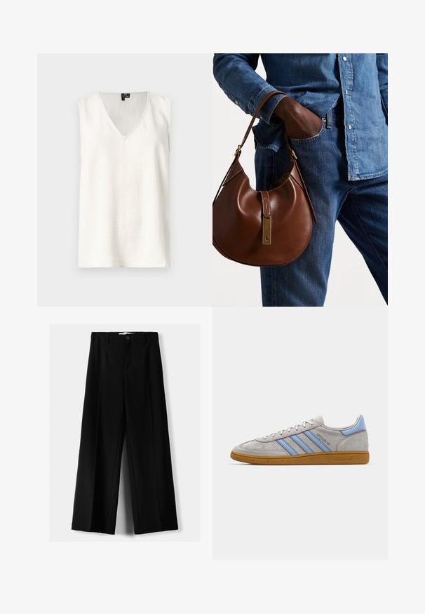 Fehér ujjatlan felső V-nyakkal, texturált anyagból készült és laza fazonú. Nincsenek látható minták vagy fém részek. Egyszerű dizájn, letisztult vonalakkal.; Fekete, bő szárú nadrág, könnyű anyagból, elöl gombos záródással és sima elfröccsenésű fazonnal, szépen varrott szegélyekkel.; Szürke velúr sportcipő világoskék csíkokkal, gumis talppal és logó részletekkel. Alacsony szárú kialakítás kerek orral és fűzős záródással.; Barna bőr hobo táska kerek formával, arany színű kiegészítővel és kontrasztos varrással. Farmeringgel és farmernadrággal párosítva.