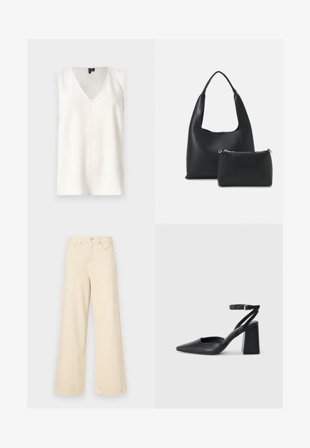 Valge sansvarrukatega T-särk V-kaelusega, tekstuurse kangaga ja reguleeritud lõikega. Mustreid ega kinnitusi ei ole nähtaval. Lihtne disain puhaste joontega.; Bežid laiad teksad, mis on valmistatud puuvillast. Omab nööbilukku, vöökohakujusid ja eesmine taskuid, millel on sile ja pehme tekstuur.; Mustmustest must-käigukingad, millel on konksuga nöör ja paks konts. Ühtlane tekstuur, stiilne disain ja minimalistlik esteetika.; Even&Odd Käekott - black