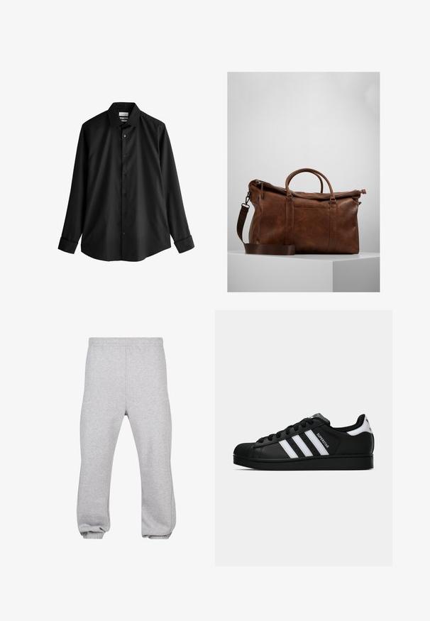Camicia nera a maniche lunghe con colletto strutturato, caratterizzata da una texture liscia e sei bottoni coordinati sul davanti.; Pantaloni della tuta grigi realizzati in misto cotone, dotati di una vita elasticizzata, gambe affusolate e orli a costine. Design semplice senza motivi.; Sneaker nera Adidas Superstar con strisce bianche, punta a conchiglia e testo "Superstar" su un lato, mostrata in profilo laterale su sfondo bianco.; Borsa da viaggio in pelle marrone con chiusura a zip, doppie maniglie, tracolla regolabile e motivi di texture visibili sulla superficie.