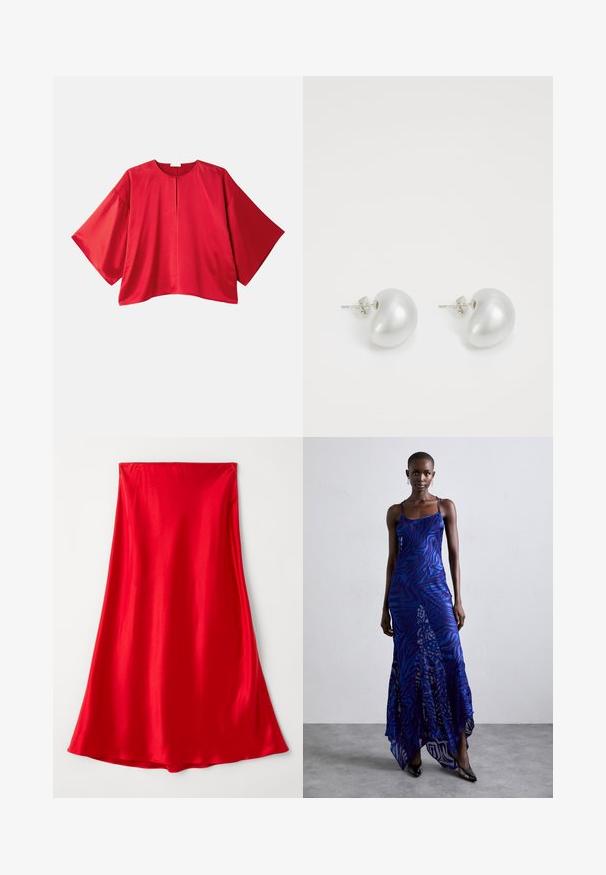 Top corto de manga corta rojo hecho de una tela suave. Presenta un corte amplio, escote barco y un detalle de abertura central. Diseño simple de color sólido.; Falda de satén roja con una textura suave, de longitud completa y un diseño fluido que se va estrechando en el dobladillo. Color sólido y simple, sin adornos.; Vestido maxi de estampado animal en azul y morado con tirantes finos, un cuerpo ajustado, dobladillo acampanado y detalles de superposición transparente.; Pendientes de perla plateada con forma curva de frijol. Superficie lisa y brillante, asegurados con un cierre de bayoneta.