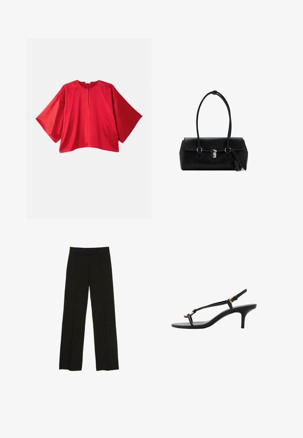Haut rouge à manches courtes en tissu lisse. Présente une coupe large, un col bateau et un détail de fente centrale. Design simple et de couleur unie.; Pantalons larges noirs en tissu lisse, dotés d'une taille ajustée et de plis avant subtils pour ajouter de la texture.; Sandale à talon aiguille noire en cuir avec des fines bandoulières, boucle dorée et une boucle pour les orteils minimaliste sur fond blanc.; Sac à main en cuir noir avec une texture lisse, au design structuré, doté de deux poignées et d'un détail en métal argenté au centre.