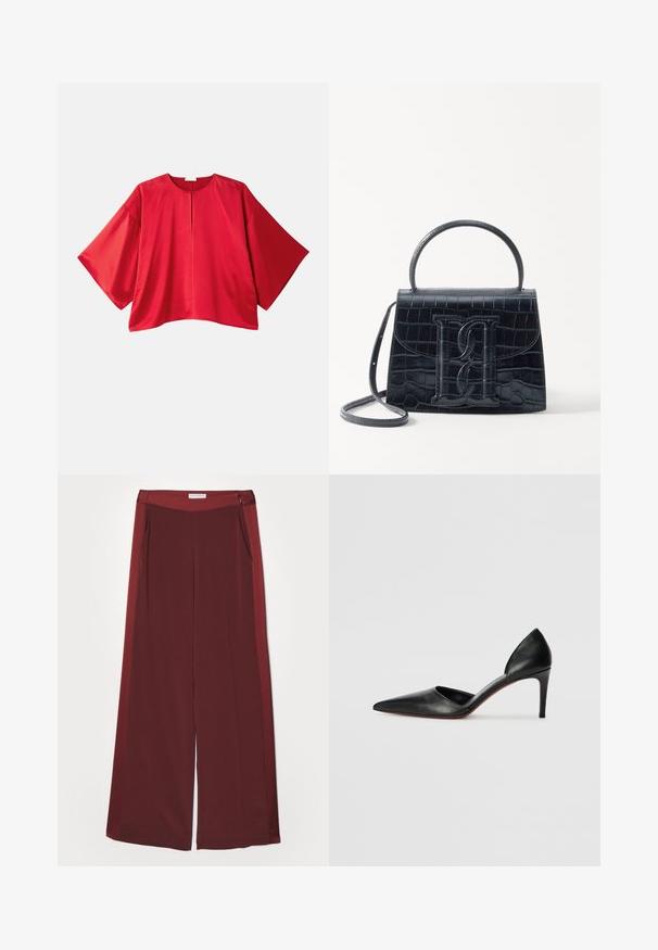 Red short-sleeve top made of smooth fabric. Features a wide cut, boat neckline, and a central slit detail. Simple, solid color design.; Burgundy wide-leg trousers with a smooth, soft texture, featuring a flat waistband and side pockets. Minimalist design with no visible hardware.; Black leather high-heeled pumps with a pointed toe, open sides, and a sleek silhouette. Features a thin heel and red sole accent.; Black crocodile-embossed leather handbag with a structured design, top handle, adjustable strap, and a prominent front logo detail.