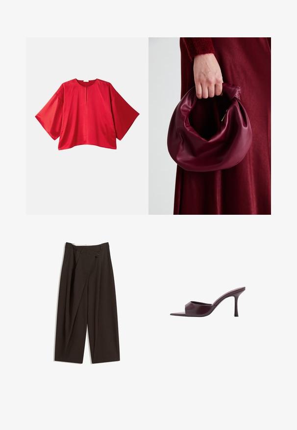 Punainen lyhythihainen paita, joka on valmistettu sileästä kankaasta. Ominaisuuksiin kuuluu leveä leikkaus, venekaula-auko ja keskelle sijoitettu halkio. Yksinkertainen, yksivärinen muotoilu.; Tummanruskeat leveälahkeiset housut, joissa on korkea vyötärö, yhden napin sulkea ja pleatattu etuosa. Valmistettu kevyestä kankaasta.; Burgundin väriset korkokengät, joissa on neliömäinen varvas, valmistettu sileästä nahasta. Omistaa tyylikkään, minimalistisen muotoilun ja kapenevan kanta.; Burgundy-nahkakäsilaukku, jossa on pehmeä, ryppyinen muotoilu ja pyöreä muoto. Kahva on kiinnitetty tukevasti, ja siinä on sileä pinta.