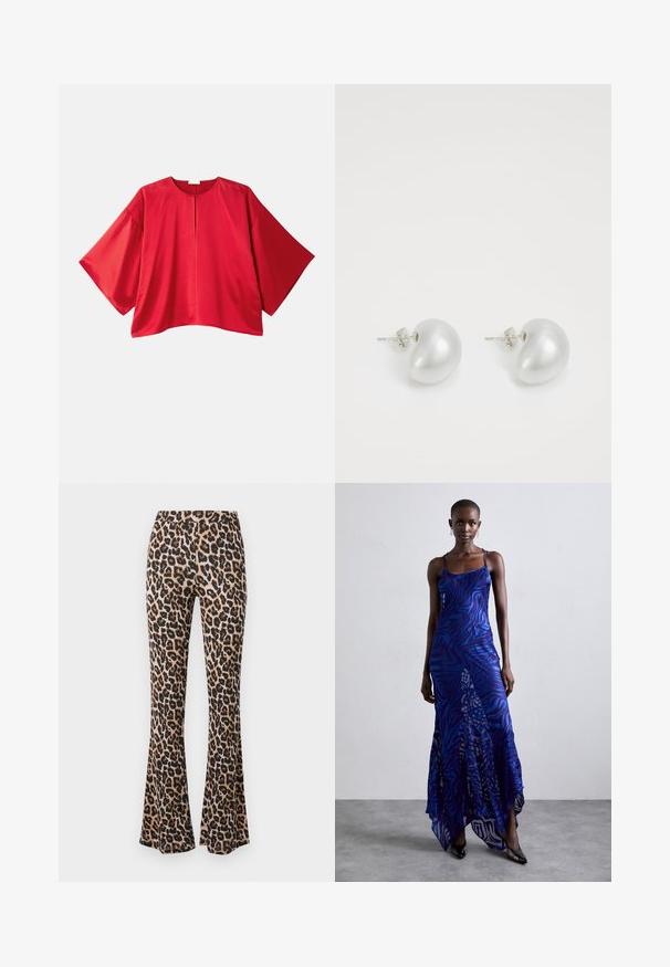 Rød kortærmet top lavet af glat stof. Har en bred skæring, bådudskæring og en central split-detalje. Simpelt design i ensfarvet.; Leopardprint flared bukser i tan og sort, lavet af blødt stof med en glat tekstur, med en tætsiddende talje og flagrende bund.; Blå og lilla dyreprint maxi kjole med tynde stropper, en tætsiddende bodice, flagrende kant og gennemsigtig overlay-detaljering.; Sølv perleøreringe med en buet, bønneform. Glat, blank overflade og sikret med en stift og bagside-lukning.