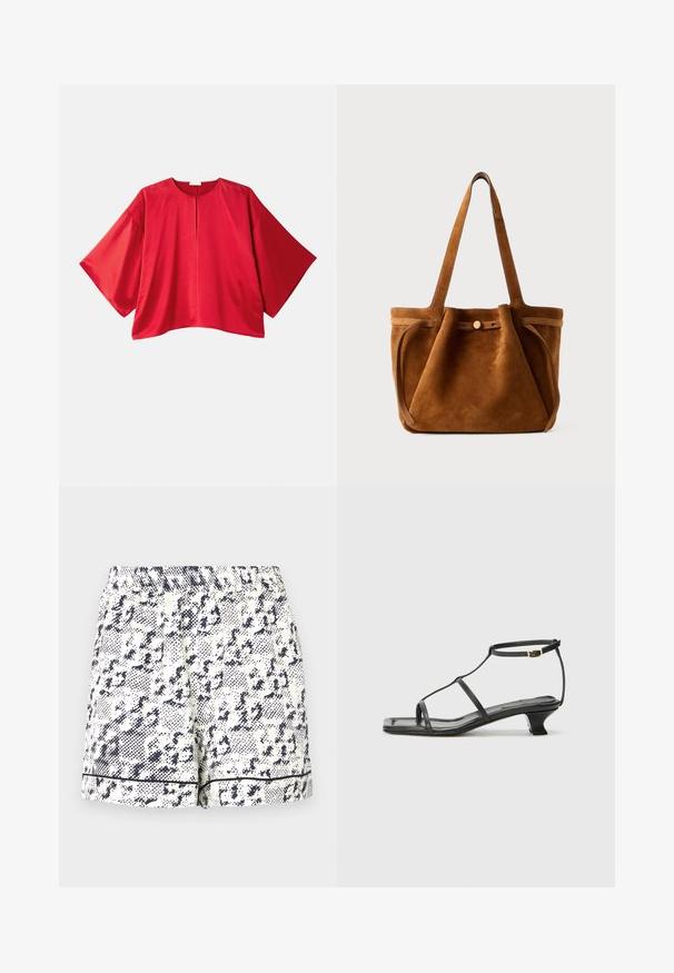 Red short-sleeve top made of smooth fabric. Features a wide cut, boat neckline, and a central slit detail. Simple, solid color design.; White shorts featuring a black abstract pattern, elastic waistband, and solid black trim along the hem. Made from a lightweight fabric.; Black leather sandal with a square toe, thin straps, adjustable ankle strap, and a low heel. Features a small gold accent on the strap.; Brown suede tote bag with dual handles, a button closure strap, and a relaxed, slightly slouchy shape.