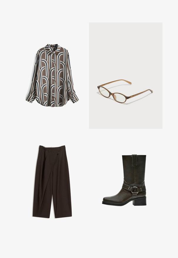 Hemd mit Knöpfen aus glattem Stoff, mit braunem Hintergrund und wechselnden weißen und marineblauen Bogenmustern, langen Ärmeln und einem umgeschlagenen Kragen.; Dunkelbraune, weite Hosen mit hohem Bund, die über einen einzigen Knopfverschluss und eine gefaltete Vorderseite verfügen. Hergestellt aus leichtem Stoff.; Braune Leder-Ankle-Boots mit quadratischer Zehenform, kurzem Blockabsatz und dekorativem Riemen mit silberner Schnalle. Glatte Textur, schlichtes Design.; Braune Schildpatt-Brille mit ovalen Gläsern, dünnen Bügeln und transparenten Akzenten. Verfügt über ein dezentes Logo am Bügel. Elegantes, leichtes Design.