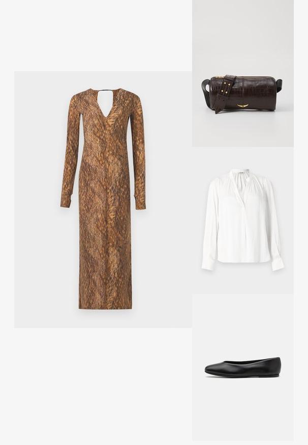 Hvid langærmet bluse med mandarin-krave, plisseret halsudskæring og knaplukning ved manchetterne. Lavet af glat, letvægtigt stof.; Langærmet kjole med V-udskæring og nøglehulryg, med en pelslignende brun tekstur og mønster i hele stoffet.; Paul Smith TOPANGA - Ballerinasko - black; Brun krokodilleder taske med cylindrisk form, hardware i guld-tone, og en aftagelig rem med nitter.