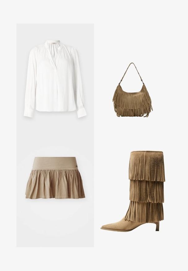 Vit långärmad blus med mandarin-krage, veckad halsringning och knappade manschetter. Tillverkad av ett mjukt, lätt tyg.; Beige bomullskjol med en rynkad nederkant, som har en bred elastisk midjeband. Lätt material med en mjuk struktur och en avslappnad design.; Fransankelboot i tan mocka med tre lager av fransar. Spetsig tå och en låg blockklack. Slät textur genomgående.; Brun mockaskinns väska med långa fransdetaljer, en böjd form och ett enda axelband. Har en jämn, strukturerad yta.