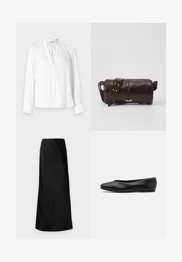 White long-sleeve blouse with a mandarin collar, pleated neckline, and buttoned cuffs. Made from smooth, lightweight fabric.; Norma Kamali BIAS OBIE SKIRT - Maxi skirt - black; Paul Smith TOPANGA - Ballet pumps - black; Brown crocodile-embossed leather bag with a cylindrical shape, gold-tone hardware, and a detachable strap featuring studs.
