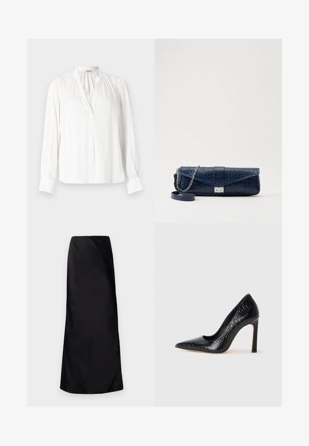 Valkoinen pitkähihaisessa puserossa on mandariinikaulus, laskostettu kaula-aukko ja napitettu hihansuu. Valmistettu sileästä, kevyestä kankaasta.; Norma Kamali BIAS OBIE SKIRT - Maksihame - black; Musta kapea nilkkakorkokenkä krokotiilin nahkakuviolla, joka on varustettu tyylikkäällä muotoilulla, korkealla stiletto-korkealla ja sileällä mustalla sisäosalla.; Navy sininen nahkakukkarokotelo, jossa on krokotiilinumero, hopeaketjuolkapanta ja metallilukko. Suorakulmainen muoto taitettavalla designilla.