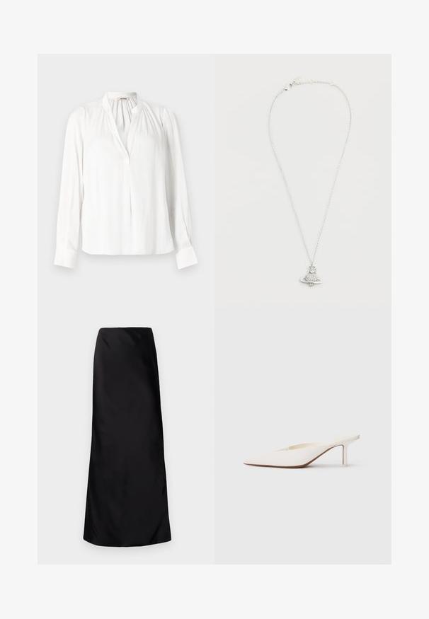 Blouse blanche à manches longues avec un col mandarin, un décolleté plissé et des poignets boutonnés. Fabriquée en tissu lisse et léger.; Norma Kamali BIAS OBIE SKIRT - Jupe longue - black; Mule blanc à bout pointu avec un talon stiletto bas. Fabriqué en matériau lisse avec un design minimaliste et un subtil détail de semelle beige.; Collier en chaîne en argent avec un pendentif en forme de fusée, comportant une pierre centrale ronde de type diamant et une base circulaire. Fini détaillé et poli.