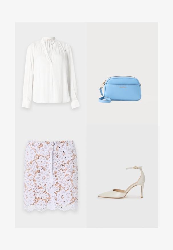 Blusa branca de mangas longas com colarinho mandarim, decote plissado e punhos abotoados. Feita de um tecido leve e suave.; Saia branca de renda com padrão floral, bainha em forma de leque e adornos discretos. Apresenta um design ajustado e fecho de zíper oculto nas costas.; Sapato de salto alto em pele branca com biqueira pontiaguda, faixa no tornozelo e um salto fino de stiletto. Textura suave com um leve acabamento brilhante.; Bolsa crossbody em couro azul claro com acessórios em tom de ouro, fecho em zip, e um bolso frontal. Apresenta uma alça ajustável para conveniência.