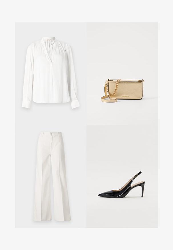 Witte blouse met lange mouwen, een Mandarin-kraag, geplooide halslijn en met knopen afgewerkte manchetten. Gemaakt van een gladde, lichte stof.; Witte wijde-broek gemaakt van katoen met een gladde textuur. Voorzien van een knoop aan de voorkant, ritsopening en vierzakkenontwerp.; Zwarte gepatineerde leren slingback pump met een puntige neus, slanke hak en een subtiel uitgesneden ontwerp. Bevat een gouden gesp op de band.; Metalen gouden leren clutch met een gestructureerde afwerking, voorzien van een gouden kettingband en een afneembare schouderband. Merkenlogo in reliëf.