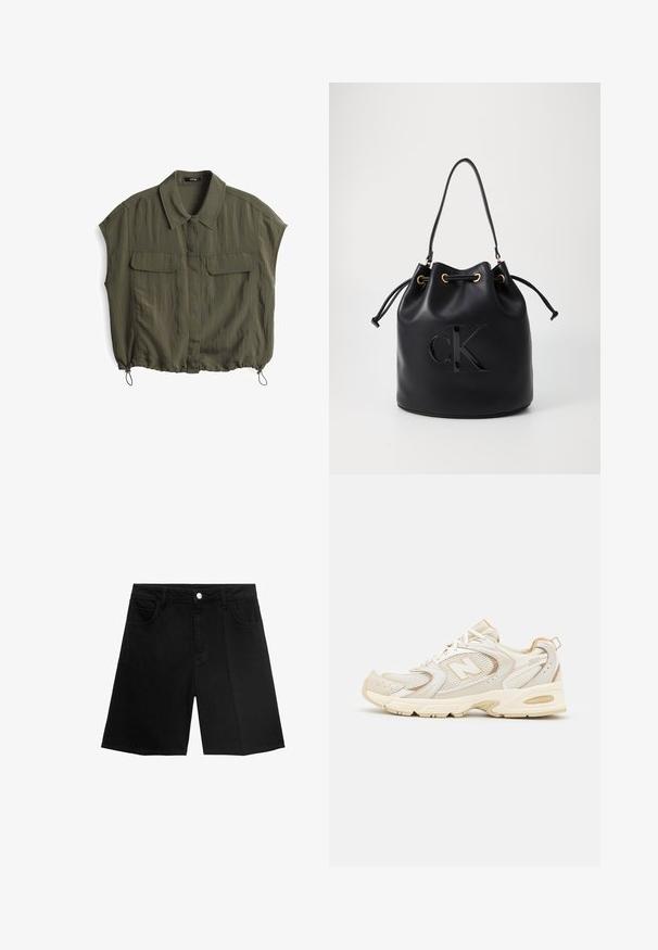 Olive green short-sleeve shirt with a collared neck, two front pockets, and adjustable drawstring hem. Made from a lightweight, wrinkled fabric.; Black denim shorts featuring a straight cut, five pockets, and a silver button closure. Smooth texture with minimal stitching detail.; Beige athletic shoes with mesh and synthetic overlays, featuring a textured surface, padded collar, and "ABZORB" cushioning at the heel.; Black leather bucket bag with drawstring closure, featuring a glossy "CK" logo on the front and gold-tone hardware accents.