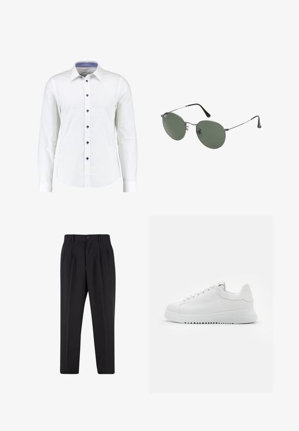 Camicia bianca a maniche lunghe con colletto abbottonato, con bottoni blu a contrasto e un motivo a quadretti blu all'interno del colletto.; Pantaloni neri con design a pieghe sul davanti, realizzati in tessuto morbido. Presentano una chiusura con bottone e passanti per cintura; vestibilità a gamba dritta.; Sneaker bianco in pelle con chiusura a lacci, superficie testurizzata e una robusta suola in gomma bianca con un bordo seghettato per migliorare la presa.; Occhiali da sole con montatura in metallo e lenti verdi ovali. Montatura sottile in metallo argento e terminali neri. Design minimalista, senza loghi visibili.