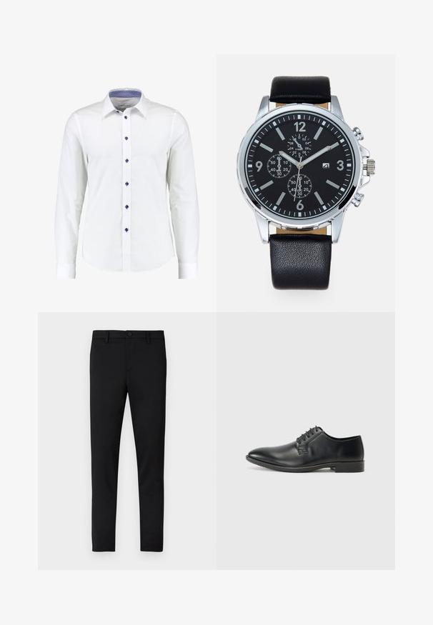 Weiße Langarmbluse mit Button-Down-Kragen, ausgestattet mit blauen Akzentknöpfen und einem blauen Karomuster im Kragen.; Schwarze, figurbetonte Hose mit glatter Textur, Knopfverschluss, Gürtelschlaufen und ohne sichtbare Muster oder Akzente.; Schwarze Leder-Schnürschuhe mit glatter Oberfläche, spitzem Zeh und niedrigem Blockabsatz. Verfügt über fünf Paar Ösen für die Schnürsenkel.; Schwarze Lederarmbanduhr mit einem Gehäuse aus silbernem Edelstahl. Zifferblatt in schwarz mit weißen Stundenmarkierungen, silbernen Zeigern und drei Unterzifferblättern.