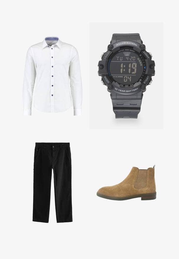 Camisa blanca de manga larga con cuello abotonado, que presenta botones de acento azules y un patrón de cuadros azules en el interior del cuello.; Pantalones de algodón negros con un diseño de pierna recta, con cierre frontal de botón, bolsillos laterales en ángulo y detalles de costura sutiles.; Botín Chelsea de ante en color marrón con paneles laterales elásticos, puntera redondeada y tira de agarre; suela de goma resistente y acentos de tela texturizada.; Reloj digital Casio con correa de resina gris, pantalla LCD, resistencia al agua de hasta 100 metros y funciones para alarmas y retroiluminación.