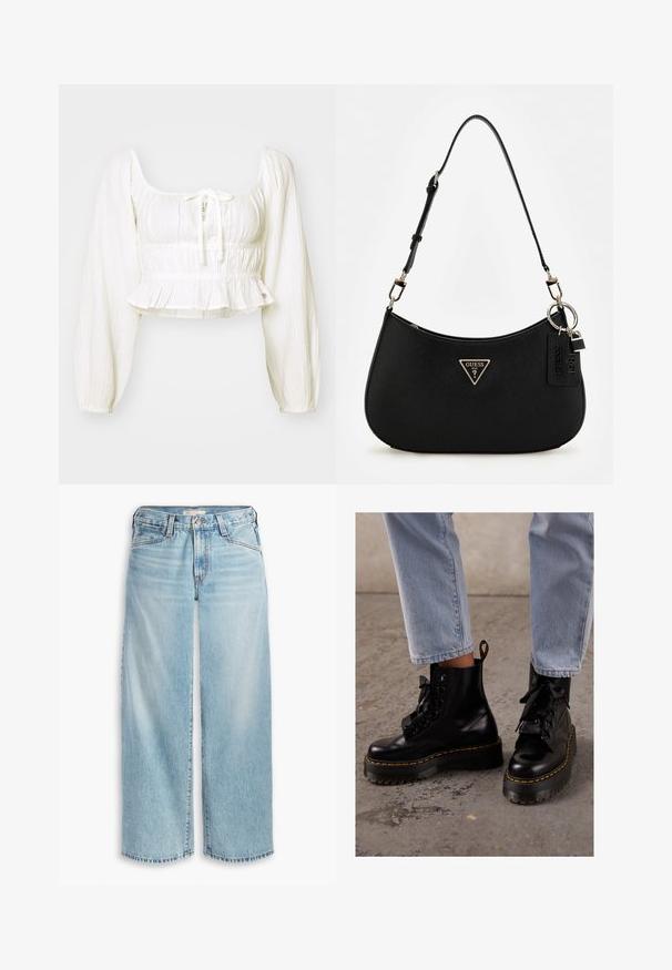 Weißes, strukturiertes Cropped-Top mit quadratischem Ausschnitt, langen Puffärmeln und einer Kordelzugbindung. Geschopptes Taillenband mit einer Rüschendetail am Saum.; Hellblaue, weit geschnittene Jeans aus Denim mit hoher Taille, Knopfverschluss und ausgefranstem Saum. Sichtbare Nähte und Taschen.; Schwarze Leder-Stiefeletten mit einer dicken Sohle, runder Zehenform, Bändern zum Schnüren, gelben Nähten und einer Schlaufe an der Rückseite.; Schwarze synthetische Schultertasche mit geschwungenem Silhouette, strukturiertem Finish, goldenem Dreiecks-Logo und abnehmbaren Hardware-Akzenten.