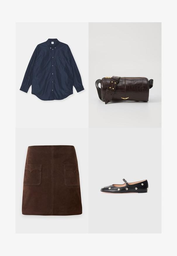 Granatowa koszula z długim rękawem na guziki, o satynowej teksturze, zawierająca jedną kieszeń na piersi i okrągły dół. Posiada guzikowy kołnierzyk oraz mankiety.; Brązowa zamszowa spódnica w klasycznym kształcie A, z dwiema przednimi kieszeniami z zaokrąglonymi klapami i subtelnymi detalami szewnymi.; Czarne skórzane buty typu Mary Jane na płaskim obcasie z zaokrąglonym czubkiem, ozdobione srebrnymi okrągłymi ćwiekami oraz regulowanym paskiem z klamrą.; Brązowa torba ze skóry z tłoczeniem krokodyla w kształcie cylindrycznym, z metalowymi elementami w kolorze złotym oraz odczepianym paskiem z ćwiekami.