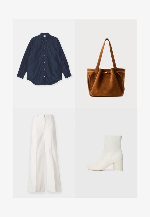 Camicia a maniche lunghe blu navy, con una texture simile alla seta, dotata di una tasca singola sul petto e orlo arrotondato. Presenta colletto e polsini con bottoni.; Pantaloni bianchi a gamba larga realizzati in cotone con una texture liscia. Presentano un bottone anteriore, una zip e un design a quattro tasche.; Stivale alla caviglia in pelle bianca con punta rotonda e tacco cilindrico spesso. Texture liscia, design minimalista, senza hardware o motivi visibili.; Borsa a tracolla in suede marrone con doppio manico, chiusura a bottone e una forma rilassata, leggermente morbida.