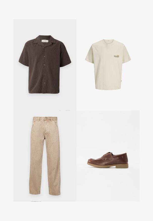 Short-sleeve shirt in dark brown with light vertical stripes, collared design, button front, and relaxed fit. Soft fabric and smooth texture.; Light beige cotton t-shirt with short sleeves, round neckline, and a printed logo that reads "ORIGINALS ESTABLISHED IN 1900" on the chest.; Beige denim jeans with a straight leg design, featuring front pockets, a metal button closure, and subtle texture.; Brown leather boat shoe with a rounded toe, textured sole, gold eyelets, and stitching detail along the upper for a classic design.