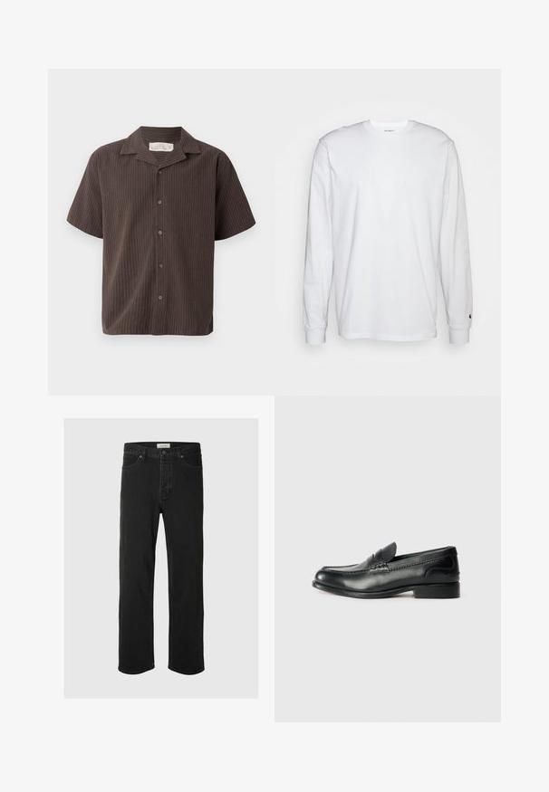 Chemise à manches courtes de couleur marron foncé avec des rayures verticales claires, design col, fermeture à boutons et coupe décontractée. Tissu doux et texture lisse.; T-shirt blanc à manches longues en coton. Design à col rond avec des poignets côtelés et un petit logo sur la manche gauche. Texture lisse.; Des jeans en denim noir à coupe droite disposent d'un design classique à cinq poches avec fermeture à bouton, de coutures minimales et d'une texture douce.; Mocassins en cuir noir avec une finition lisse, des détails cousus sur le devant et un talon légèrement surélevé.