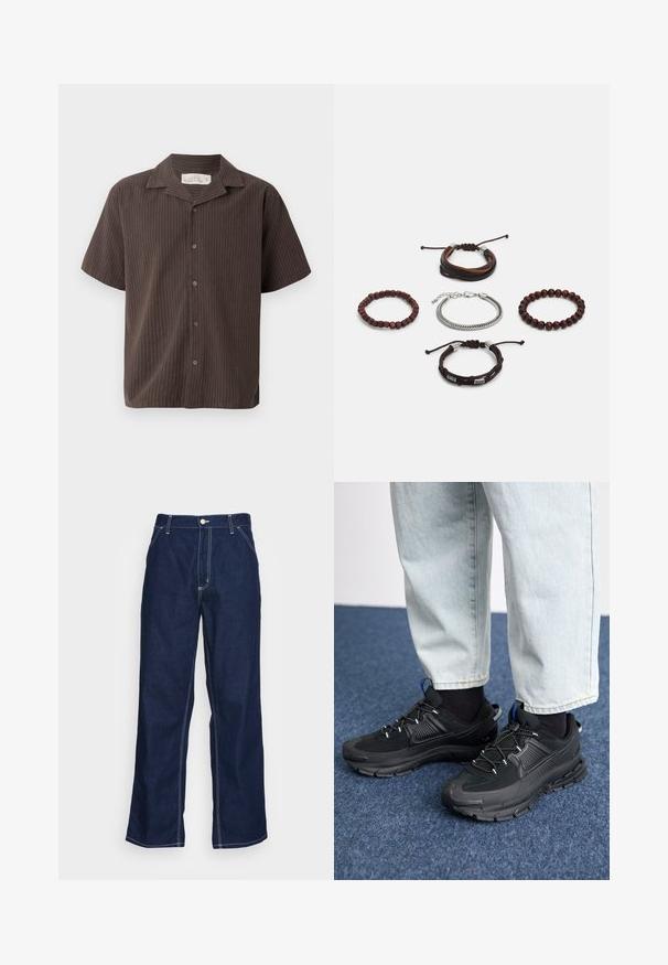Short-sleeve shirt in dark brown with light vertical stripes, collared design, button front, and relaxed fit. Soft fabric and smooth texture.; Dark blue denim trousers with wide legs, featuring a high waist, front pockets, and contrasting white stitching along seams.; Black athletic shoes with textured fabric and rubber soles, featuring elastic laces and a blue accent on the heel. Worn with light denim pants.; Set of five bracelets featuring brown leather, wooden beads, and a silver chain; varying textures and shapes, with adjustable closures.