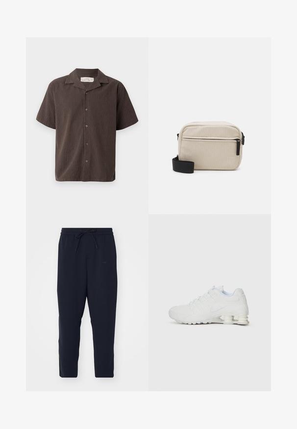 Rövid ujjú, sötétbarna ing világos függőleges csíkokkal, galléros kivitel, gombos elülső rész és laza szabás. Puha anyag és sima textúra.; Tengerészeti kék joggerek puha anyagból, rugalmas derékkal és húzózsinórral, szűkülő lábakkal és oldalsó zsebekkel.; Fehér sportcipő sima szintetikus felsőrésszel, texturált kiemelésekkel és jellegzetes, tagolt sarkával a megfelelő ütéselnyelődés érdekében. Fűzős kialakítás.; Krém színű kordbársony crossbody táska fekete cipzárral, levehető vállpánttal és texturált mintával. Egy fő rekesszel és egy elülső zsebbel rendelkezik.