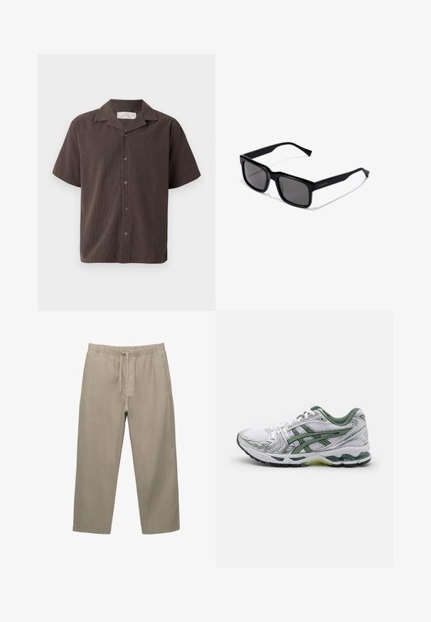 Krátký rukáv, tmavě hnědá košile s jemnými vertikálními pruhy, s límečkem, zapínání na knoflíky a uvolněný střih. Měkká tkanina a hladká textura.; Beige bavlněné kalhoty s elastickým pasem a nastavitelnou šňůrkou. Rovný střih s bočními kapsami a hladkým povrchem.; Bílé běžecké boty se stříbrnými akcenty, zeleným síťovaným límcem a zelenými pruhy. Mají texturovaný síťovaný svršek a polstrovanou podrážku.; Černé obdélníkové sluneční brýle s tmavými skly; lesklý plastový rám se rovnými nožičkami a jemným logem na boku.; Stříbrné nerezové hodinky s kulatým bílým ciferníkem, černým tachymetrickým rámečkem, zelenými akcenty a kovovým náramkem.