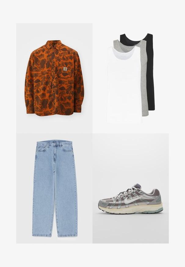 Carhartt WIP DUCK - Srajca - green/turmeric; Tri majice brez rokavov v bežni, sivi in črni barvi. Vsaka je značilna po klasičnem brezrokavem dizajnu, izdelana iz lahkega bombažnega materiala z rebrasto teksturo.; Svijetloplave traperice s ravnim nogavicama, srednjeg struka, pet džepova te zatvaranjem na gumb i munju.; Sive športne čevlje z zgornjim delom iz mrežastega in semiš materiala, belimi akcenti, oblazinjenim podplatom ter edinstvenim dizajnom z odsevnimi elementi.