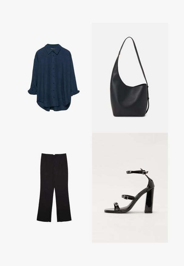 Tmavě modrá košile s knoflíky a klasickým límcem, dlouhé rukávy vyhrnuté, měkká textura a uvolněný střih s mírně zakřiveným lemem.; Černé kalhoty s rovným střihem, s předními kapsami a bočními rozparky na lemu. Vyrobené z jemné, hladké tkaniny. Vhodné na různé příležitosti.; Černé lakované sandály na podpatku se čtveratou špičkou, lýtkovými pásky a stříbrnými přezkami. Disponují masivním blokovým podpatkem pro stabilitu.; Černá kožená hobo taška s hladkým povrchem, zakřiveným tvarem a jedním nastavitelným popruhem; má široké otevírání nahoře.