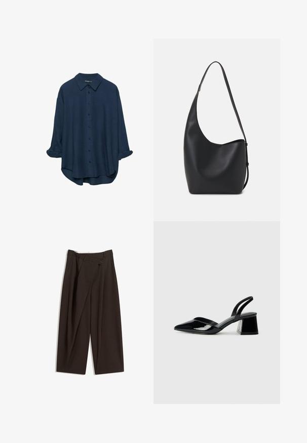 Camicia blu navy con bottone, colletto classico, maniche lunghe arrotolate, tessuto morbido e vestibilità rilassata con un orlo leggermente curvo.; Pantaloni a gamba larga marrone scuro con vita alta, dotati di una chiusura con bottone singolo e una parte anteriore plissettata. Realizzati in tessuto leggero.; Décolleté in vernice nera con punta affusolata e tacco in geometria cubica. Presentano un design elegante e minimalista, con una texture liscia.; Borsa hobo nera in pelle con una superficie liscia, forma curvata e una singola tracolla regolabile; presenta un'ampia apertura nella parte superiore.