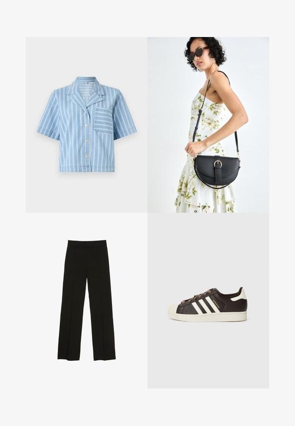 Modrá pruhovaná košile s krátkým rukávem a límečkem, zapínání na knoflíky vepředu a kapsička na hrudi. Vyrobena z lehkého denimového materiálu.; Černé široké kalhoty vyrobené z hladké tkaniny, s dobře padnoucím pasem a jemnými předními klíny pro zvýraznění textury.; Nízký teniska Adidas Superstar z tmavě hnědé kůže s krémovou špičkou, bílými pruhy a nápisem "Superstar" na boku.; Černá kožená kabelka s křivkovým tvarem, odnímatelným popruhem a zlatými detaily. Kabelka má klopu s přezkou.