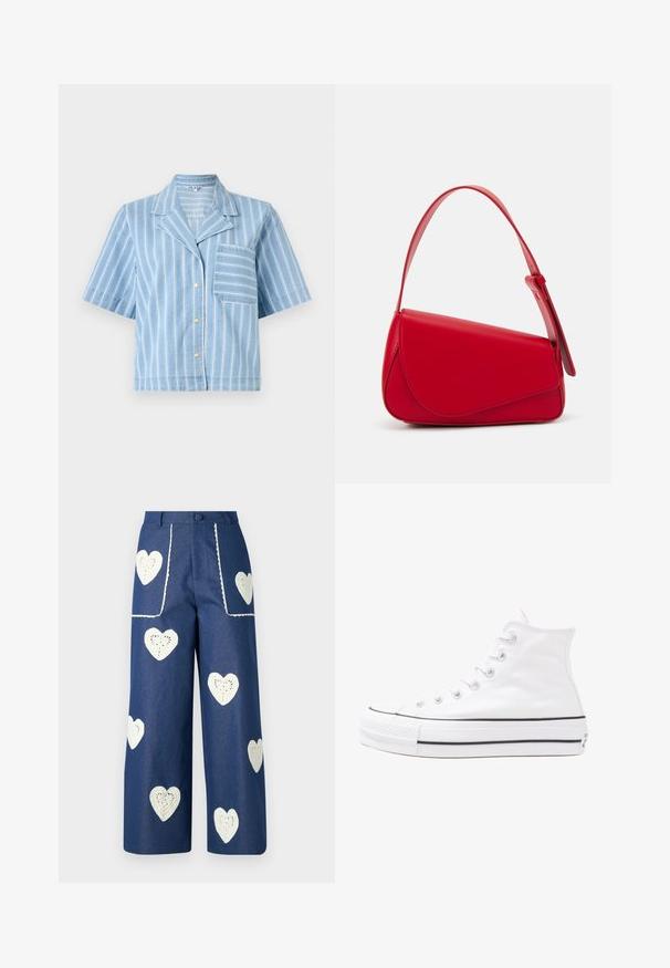 Blue striped short-sleeve shirt with a collared neck, button front closure, and a chest pocket. Made of lightweight denim fabric.; Sister Jane HEART TO HEART - Straight leg jeans - blue denim; White high-top canvas sneaker with black rubber sole, front rubber toe cap, and six eyelets for laces, featuring a clean, minimalist design.; Red leather handbag with an angular, geometric design. Features a single adjustable strap and a flap closure with stitched detailing.