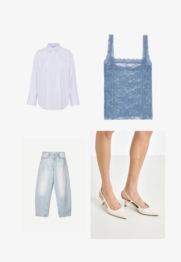 Prugasta košulja s dugim rukavima u svijetloplavoj i bijeloj boji, s kragnom, opuštenim krojem i zaobljenim rubom.; Svijetloplava čipkasta majica bez rukava s tankim naramenicama, s valovitim čipkastim rubom i cvjetnim uzorkom, dizajnirana za uski kroj.; Svijetloplave traperice s širokim krojem, s izblijedjelim završetkom, dva prednja džepa i dugmetom za zatvaranje na struku.; Bež cipele na petu od lakiranih koža s uskim vrhom i petom od 5 cm, s izrezanim stranama i tankim remenom oko gležnja.