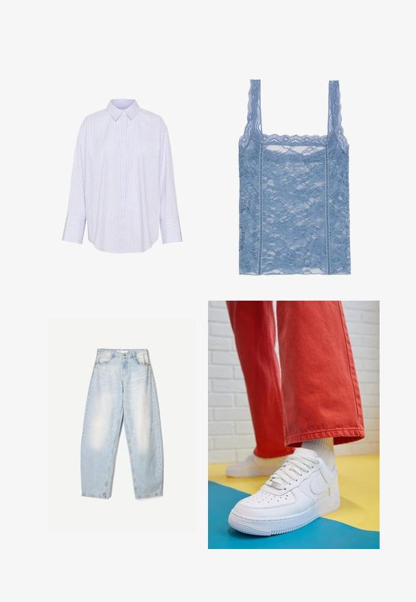 Raitapaita vaaleansinisessä ja valkoisessa, jossa on kaulus, pitkät hihat ja rento istuvuus sekä kaareva helma.; Vaaleansininen pitsitoppi ohuilla olkaimilla, jossa on lain suojaava pitsireunus ja kukkakuvio, suunniteltu pysymään istuvana siluettina.; Vaaleansiniset farkut, joissa on löysä malli, haalistunut pinta, kaksi etutaskua ja nappikiinnitys vyötäröllä.; Valkoinen nahkakengät, joissa on rei'itetty varvasosa, teksturoitu pohja ja valkoiset nauhat, yhdistettynä leveisiin punaisiin housuihin ja sinikeltaiseen taustaan.