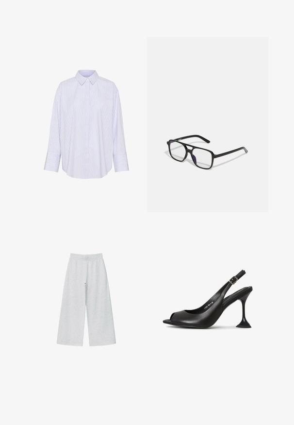 Pasiasta koszula z guzikami w jasnoniebieskim i białym kolorze, z kołnierzykiem, długimi rękawami oraz luźnym krojem i zaokrąglonym dołem.; Jasnoszare szerokie spodnie wykonane z miękkiego materiału z elastycznym paskiem. Projekt charakteryzuje się luźnym krojem dla komfortu i swobody ruchów.; Czarne skórzane buty na obcasie typu slingback z otwartym palcem, w kształcie spiczastym, wąskim obcasie, który się rozszerza, i kwadratowej podstawie. Teksturowana powierzchnia i detal z klamrą.; Czarne prostokątne okulary z przezroczystymi soczewkami i subtelnym fioletowym odcieniem, z eleganckimi zausznikami i minimalistycznym designem.