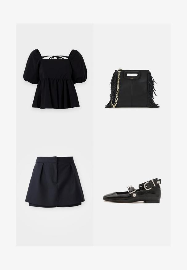 Blusa negra de mangas abullonadas con escote cuadrado, cintura fruncida y detalle de lazo en la parte de atrás. Confeccionada en un tejido ligero con una textura suave.; Pantalones cortos de marina con pliegues y cintura alta, fabricados con tejido suave. Presentan un diseño ajustado y un bolsillo delantero oculto.; Zapato plano de charol negro con punta cuadrada, correa de tobillo con herrajes de plata y suela plana. Textura suave con diseño minimalista.; Bolso de mano de cuero negro con detalles de flecos, correa de cadena dorada para el hombro y un asa con corte. Presenta una colocación del logotipo en la parte frontal.