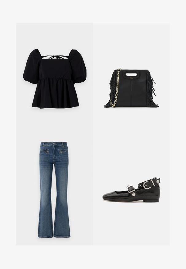 Čierna blúzka s nafúknutými rukávmi a štvorcovým výstrihom, s nariadeným pásom a detailom na zaviazanie na chrbte. Vyrobená z ľahkého materiálu s hladkou textúrou.; Modré rifľové nohavice s rozšírenými nohavicami a stredne vysokým pásom, s prednými a zadnými vreckami a jemným vyblednutím.; Čierne lakované baleríny so štvorcovou špičkou, remienkom okolo členka so striebornými prvkami a plochou podrážkou. Hladký povrch s minimalistickým dizajnom.; Čierna kožená kabelka s strapcami, zlatým reťazovým ramenným popruhom a vykrojenou rukoväťou. Na prednej strane sa nachádza logo.
