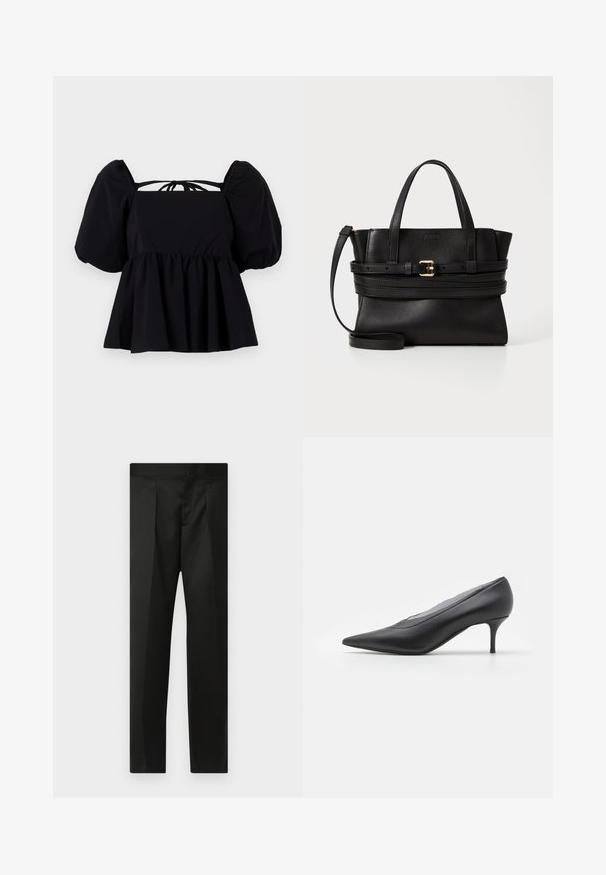 Mustapuffihihapaita, jossa on neliönmuotoinen pääntie, kootut vyötärö ja solmittava selkäyksityiskohta. Valmistettu kevyestä, sileästä kankaasta.; Mustat housut, joissa on sileä kangas, räätälöity muotoilu, suorat lahkeet sekä litteä vyötärö ilman näkyviä kiinnityksiä tai taskuja.; Musta teräväkärkinen korkokenkä, joka on valmistettu sileästä nahasta. Ominaisuuksiin kuuluu hoikka korko ja minimalistinen muotoilu ilman näkyviä koristeita.; Musta nahkakäsilaukku, jossa on jämäkkä muotoilu, kaksinkertaiset yläkahvat, irrotettava hihna ja kultainen solki vaakasuoralla nauhassa.