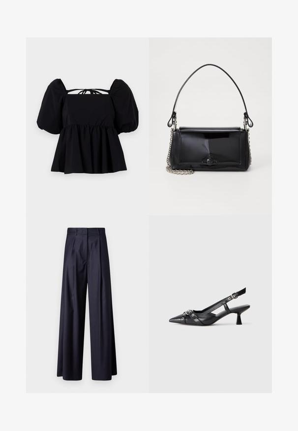 Black puff-sleeve blouse with a square neckline, gathered waist, and a tie-back detail. Made from lightweight fabric with a smooth texture.; Wide-leg trousers in dark navy fabric, featuring pleats, a smooth texture, a tailored design, and a high waistband.; Black leather slingback shoe with a pointed toe, decorative straps featuring metal eyelets, and a low block heel. Textured surface.; Black patent leather handbag with a rectangular shape, chain strap, and a distinctive hardware accent in the center. Smooth texture.