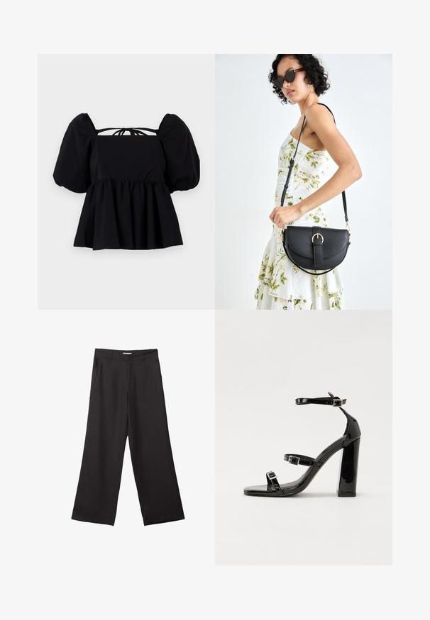 Schwarze Bluse mit Puffärmeln und quadratischer Ausschnitt, geraffter Taille und Bindeband im Rücken. Hergestellt aus leichtem Stoff mit glatter Textur.; Schwarze weite Hosen aus glattem Stoff, mit einem Reißverschluss vorne und zwei seitlichen Taschen, maßgeschneiderter Passform und minimalistischem Design.; Schwarze patentierte Sandalen mit Absatz, quadratischer Spitze, Knöchelriemen und silbernen Schnallen. Mit einem stabilen Blockabsatz für mehr Stabilität.; Schwarze Lederhandtasche mit geschwungener Form, abnehmbarem Tragegurt und goldenen Beschlägen. Die Tasche verfügt über einen Deckel mit einer Schnallen-Details.