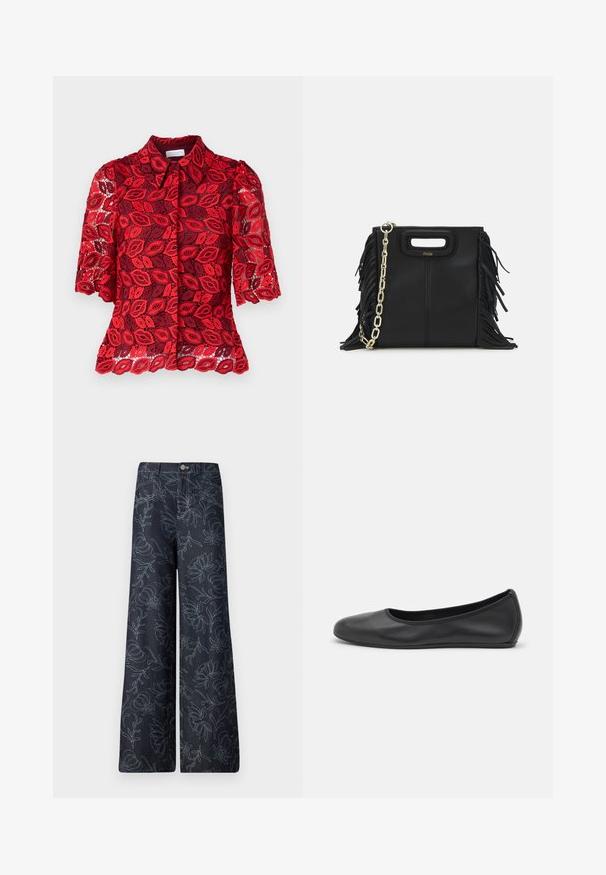 Blusa rossa in pizzo con maniche a sbuffo corte, caratterizzata da un motivo a foglia e una chiusura con bottoni frontale. La texture è trasparente e stratificata con un colletto solido.; Pantaloni larghi in denim scuro con un motivo floreale ricamato in azzurro. Design classico a cinque tasche con chiusura frontale a bottone.; Pantofole da balletto nere in pelle con punta arrotondata, texture liscia, dettagli di cucitura minimi e design con suola flessibile.; Borsa a tracolla in pelle nera con dettagli a frangia, catena dorata e manico ritagliato. Presenta il logo sulla parte anteriore.