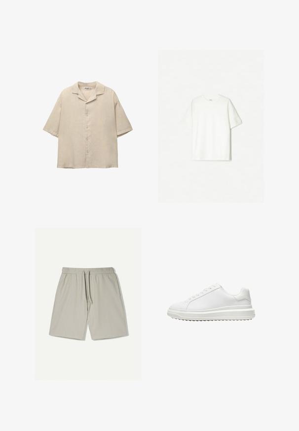 Korte mouw beige shirt van een lichtgewicht stof, met een geaccentueerde kraag en vijf knopen aan de voorkant, met een losse pasvorm.; Witte kortengemouwen t-shirt van zacht katoen. Ronde halsontwerp met een ontspannen pasvorm en geen zichtbare logo's of patronen.; Lichtgrijze sportshorts gemaakt van een gladde, ademende stof. Voorzien van een elastische tailleband met een trekkoord en subtiele zijnaadjes.; Witte sneaker met een glad synthetisch bovenwerk, ronde neus, platte veters, gestructureerde zool en een gelaagd, platformontwerp voor extra hoogte.