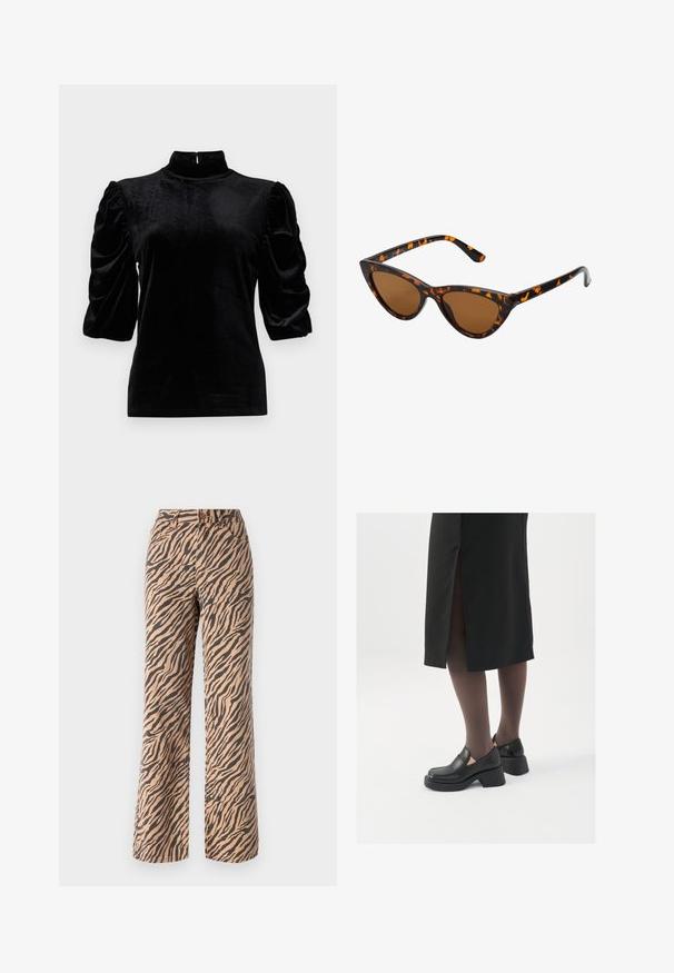 Mustmust ülemine, millel on kõrge krae, lühikesed puhv-hõlmad ja kitsas lõige. Sile tekstuur ja minimaalne disain ilma mustriteta.; Laiad püksid tigeristriipe mustris pruunides ja mustades toonides, standardse vöökohaga ja viie taskuga disainiga.; Mustad mustad jalatsid ümmarguse varbaga, paksu plokkniidi ja elastsete külgdetailidega, kombineeritud tumedate sukkade ja musta lõhikuga seelikuga.; Kassi vormiga prillid musta ja oranži kilpkonnakujulise raami, pruunide läätsede ja elegantsete teravate otstega. Templi juures on minimaalne logo.